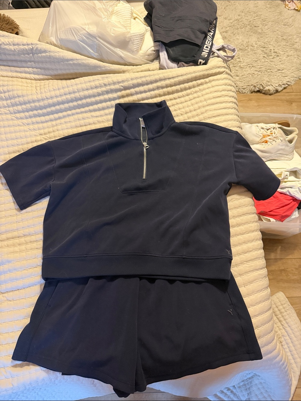 Navy Short Sleeve Zip-Front Top and Shorts Set